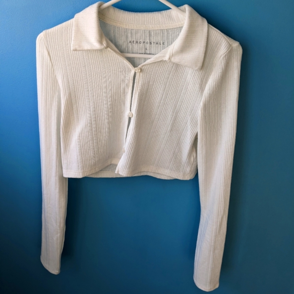 White, collared, button-down, crop top. Aeropostale. Size L.